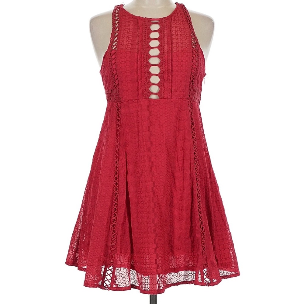 Free People "Wherever You Go" sleeveless lace mini dress in a rose red color, - Picture 4 of 5